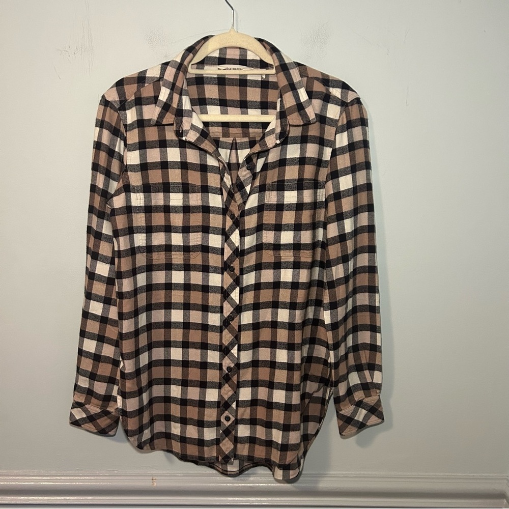Athleta Lumberjill Navy Blue & Pink Plaid Flannel Cotton Button Up Top Small